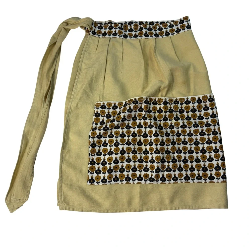 Vintage 70s Handmade Half Apron‎ Yellow Brown Floral Pocket Retro Cottagecore